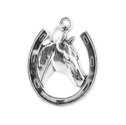 Horse in Horseshoe Charm of Solid Sterling Silver