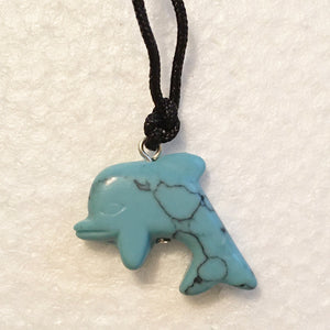 Blue Howlite Dolphin Pendant Necklace on Black Cord aka Dolphin Fetish