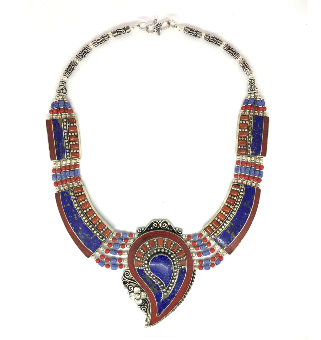 Nepalese Sterling Silver, Red Coral, Lapis Lazuli and Turquoise 17 inch Paisley Motif Medallion Necklace