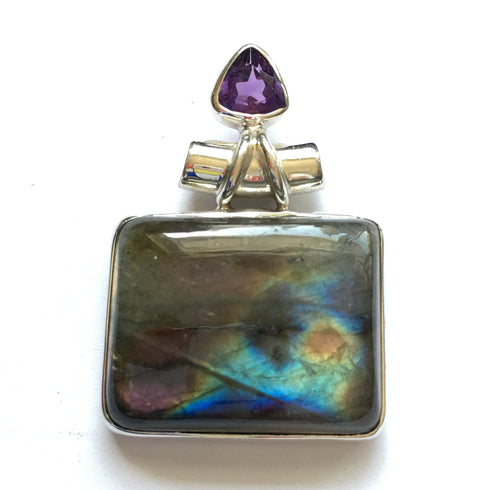 Labradorite Pendant with tube bail and Amethyst - Hand-fabricated Sterling setting.