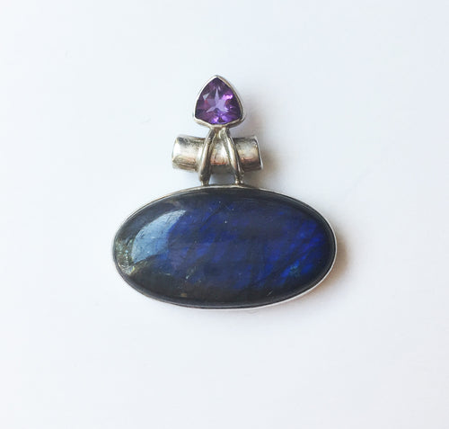 Labradorite Pendant with tube bail and Amethyst - Hand-fabricated Sterling setting.