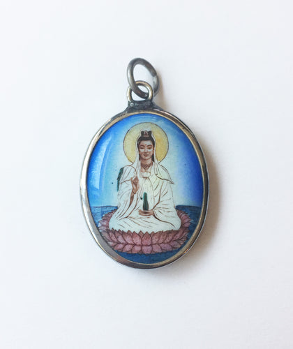 Quan Yin Enameled Brass Deity Pendant