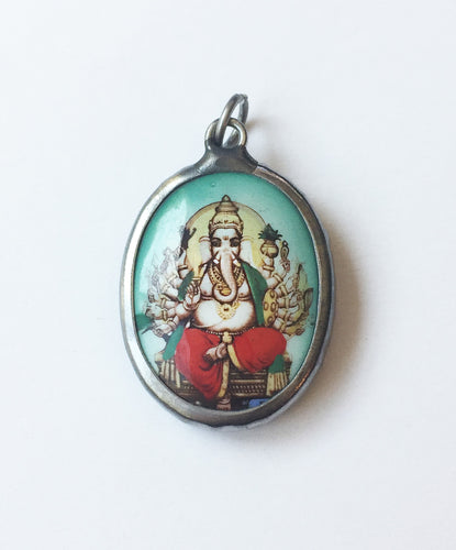 Seated Ganesha Enameled Brass Deity Pendant