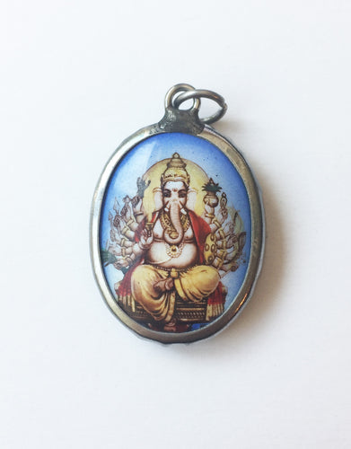 Seated Ganesha Enameled Brass Deity Pendant