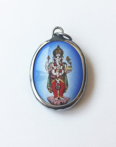 Standing Ganesha Enameled Brass Deity Pendant