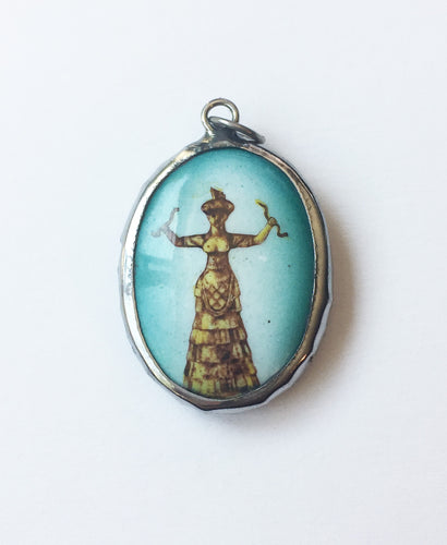 Minoan Snake Goddess Enameled Brass Deity Pendant