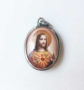 Jesus with Sacred Heart Enameled Brass Deity Pendant