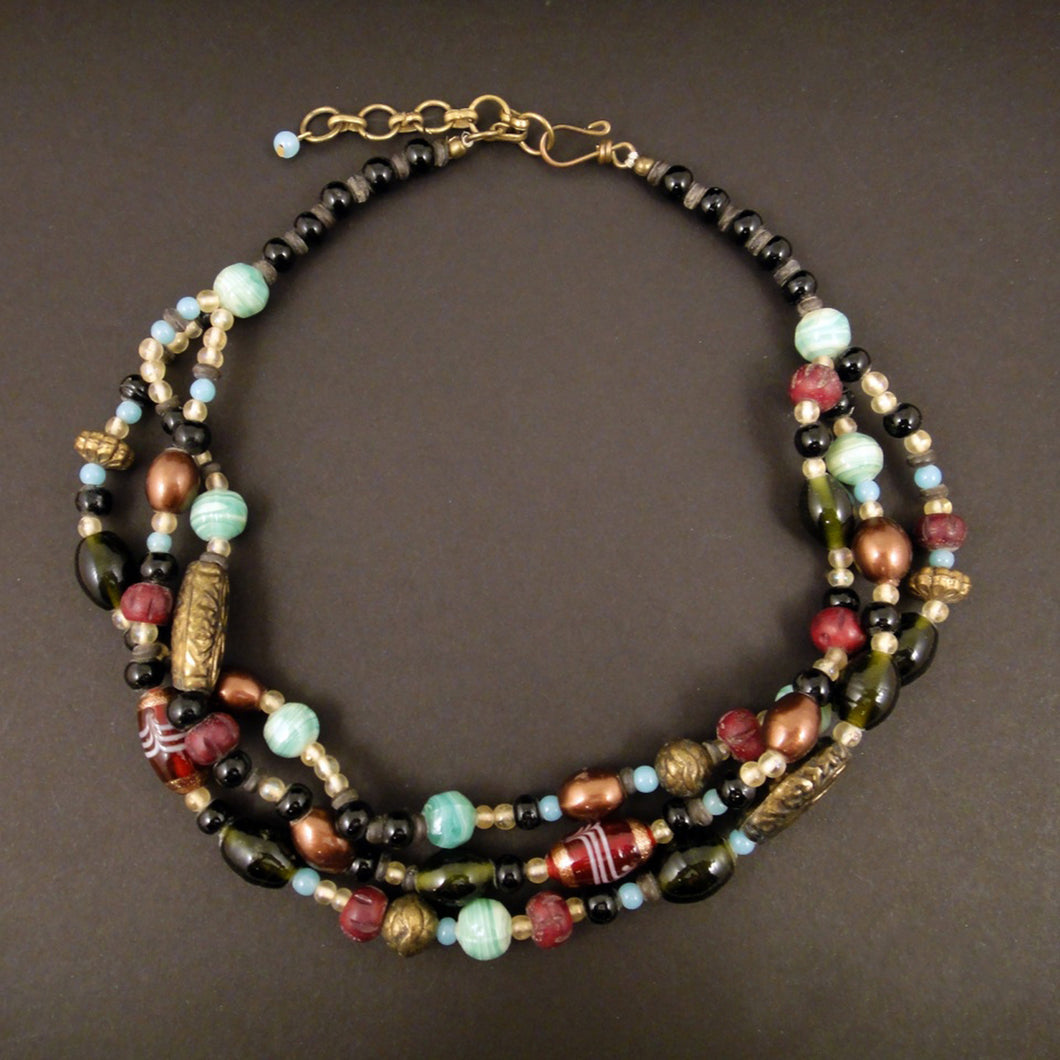 Iced Berry Beaded Glass Necklace of tumbled glass, dyed bone and brass.