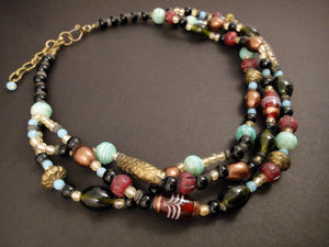 Iced Berry Beaded Glass Necklace of tumbled glass, dyed bone and brass.