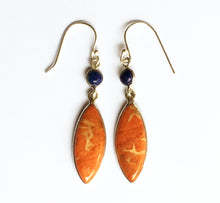 Load image into Gallery viewer, Peach Italian Coral Marquise Earrings with Lapis Accents  - Great for Aries!