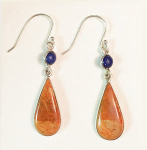 Peach Italian Coral Tear Drop Earrings with Round Lapis Accents  - Great for Aries!
