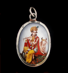 Krishna playing his flue with Nandi the Bull Enameled Brass Deity Pendant