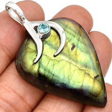 Load image into Gallery viewer, Labradorite Pendant in Gold-Green with Blue Topaz