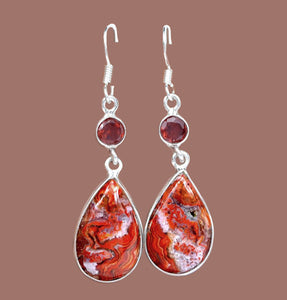 Mexican Laguna Crazy Lace Agate Earrings adorned with faceted round Garnets