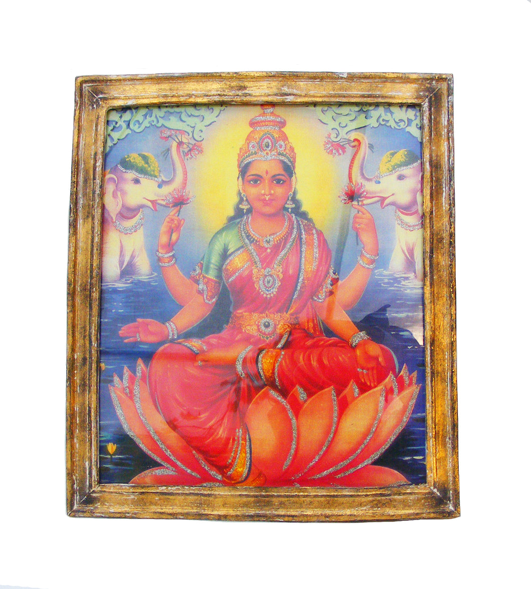 Lakshmi, Goddess of Fortune, Glittered Art Print in a Distressed Gold Frame