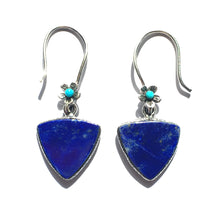 Load image into Gallery viewer, Lapis Lazuli earrings triangular design with flower ear wires with Turquoise centers