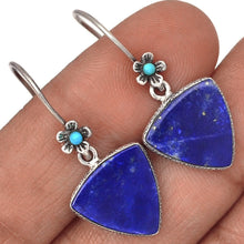 Load image into Gallery viewer, Lapis Lazuli earrings triangular design with flower ear wires with Turquoise centers