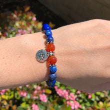 Load image into Gallery viewer, September Birthstone Lapis Bead Bracelet with Carnelian and Lotus Charm
