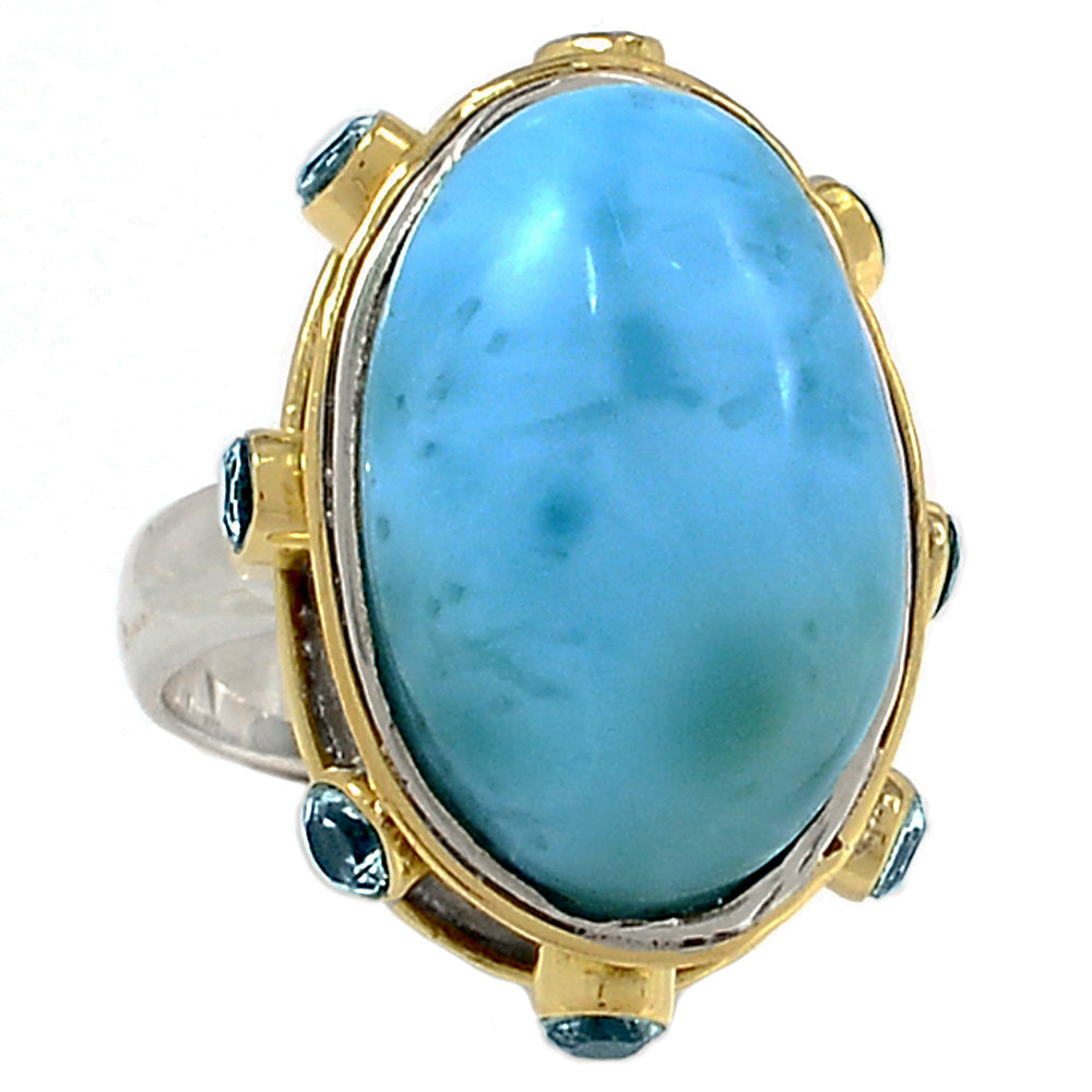 Larimar Ring with faceted Iolite in silver and bronze Anglo-Saxon style setting ring size 8