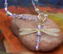 Load image into Gallery viewer, Dragonfly Beaded Necklace of Lavender Swarovski Crystals with Golden Toggle Closure