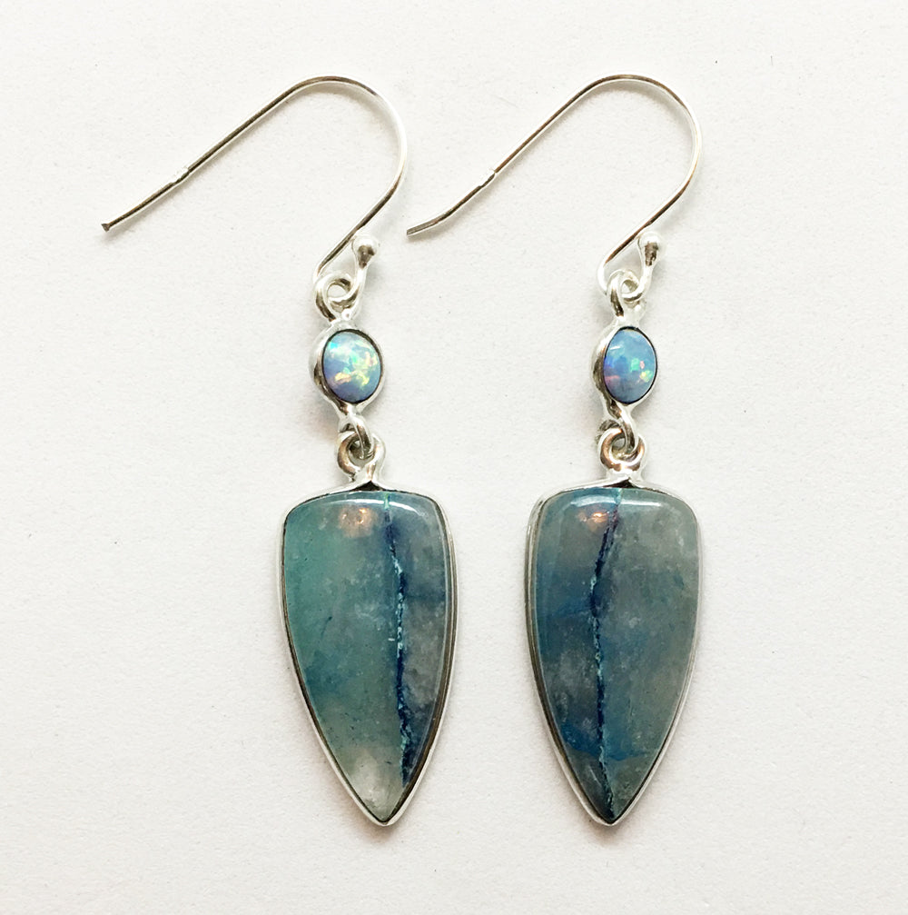Lightning Azurite with Quartz Sterling Silver Earrings with Fire Opal Accents