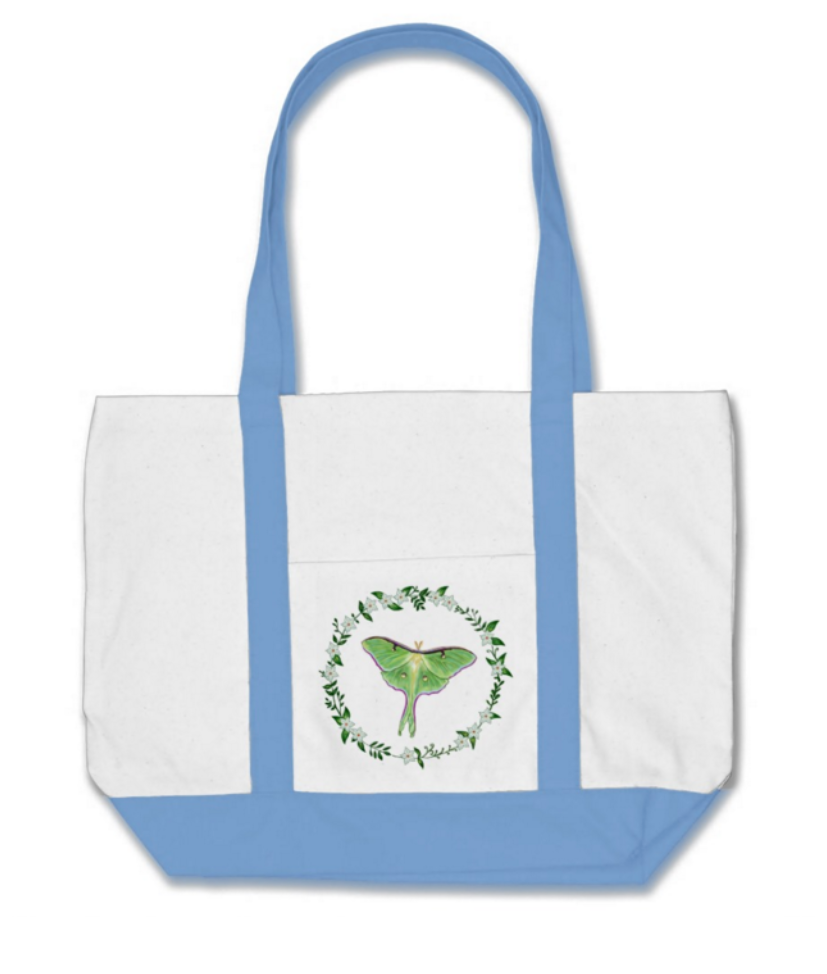 Luna Moth Natural Cotton Tote with Periwinkle Blue Straps and Base