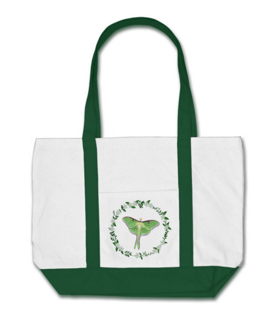 Luna Moth Natural Cotton Tote with Cypress Green Straps and Base