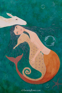 Mermaid and Sea Horse Blank Greeting Card - Original Illustration