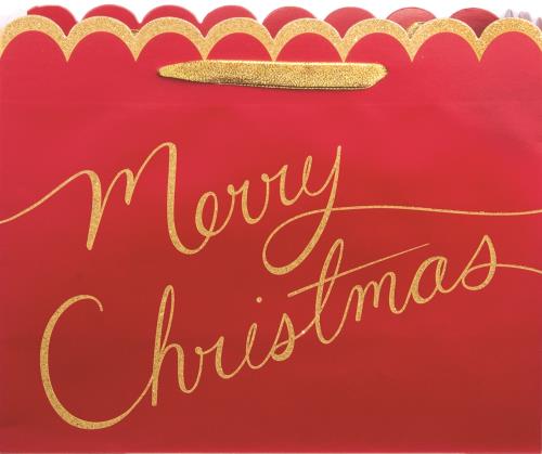 Merry Christmas Scalloped Red and Gold Gift Bag in Medium