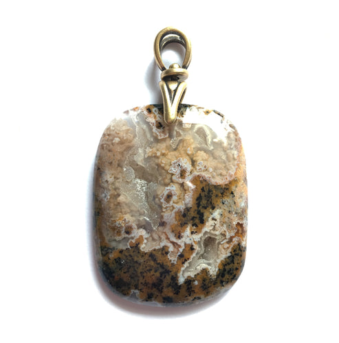 Mexican Laguna Lace Agate pendant and quartz druzy with Brass Reproduction Art Deco Torch Bail