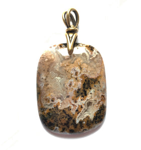 Mexican Laguna Lace Agate pendant and quartz druzy with Brass Reproduction Art Deco Torch Bail