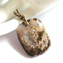 Load image into Gallery viewer, Mexican Laguna Lace Agate pendant and quartz druzy with Brass Reproduction Art Deco Torch Bail