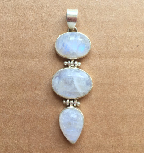 Rainbow Moonstone Pendant triple cabs in Sterling Silver