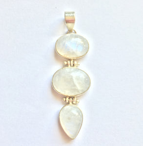 Rainbow Moonstone Pendant triple cabs in Sterling Silver