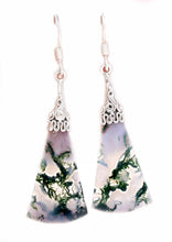 Load image into Gallery viewer, Moss Agate Earrings with Silver Filigree Cap