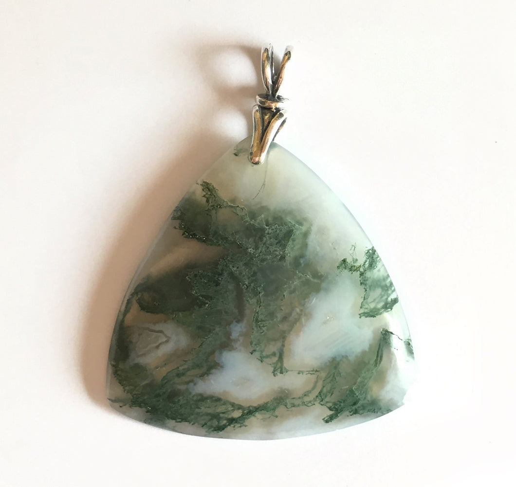 Green Moss Agate Pendant in triangular shape with art deco silver bail