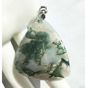 Green Moss Agate Pendant in triangular shape with art deco silver bail