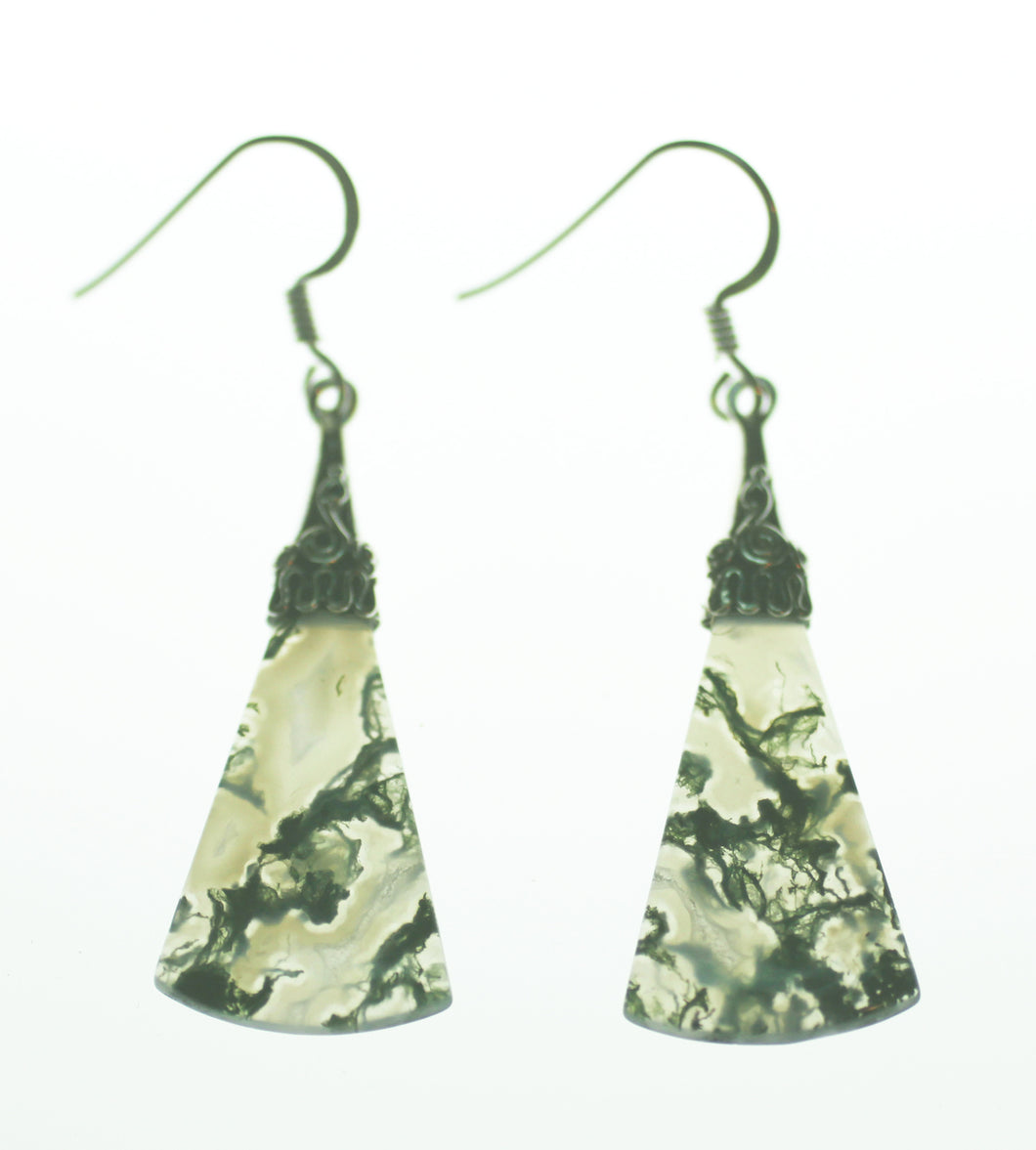Moss Agate Earrings with Silver Filigree Cap