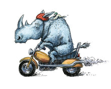 Load image into Gallery viewer, Rhino on Motorcycle Illustration Blank Greeting Card