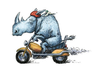 Rhino on Motorcycle Illustration Blank Greeting Card