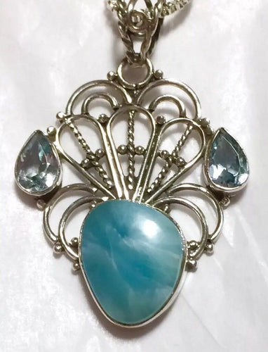 Larimar Pendant with Faceted Pear Blue Topaz in sterling silver filigree setting