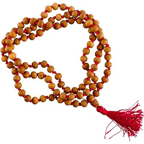 Sandalwood Prayer Bead Necklace with Red Tassel 8mm Beads
