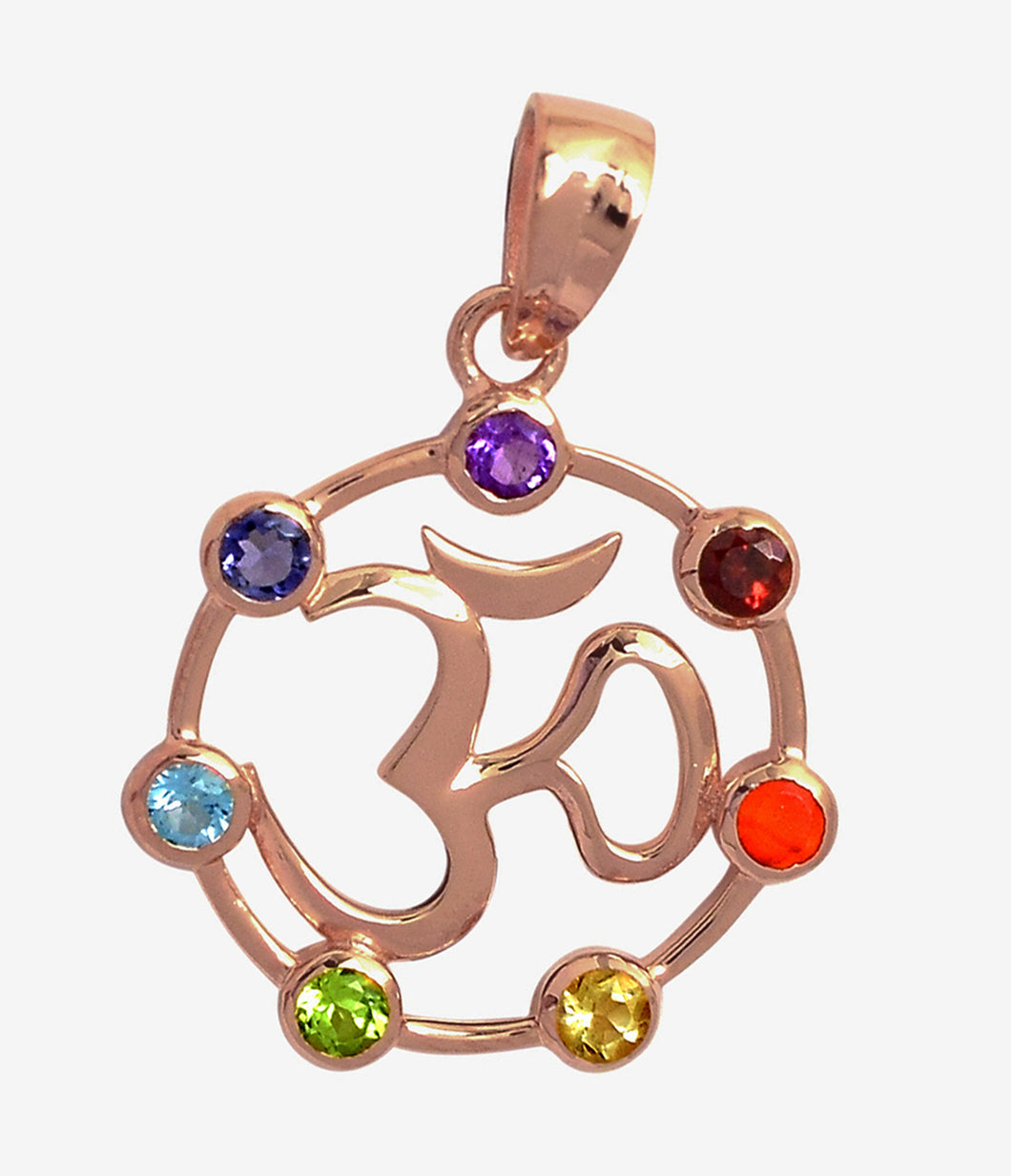 Om Symbol Rose Gold-Plated Silver Pendant Encircled by Chakra Gems