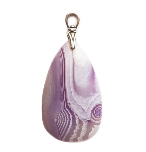 Matte Onyx Pendant in magenta purple and white teardrop-shape with Art Deco reproduction torch bail.