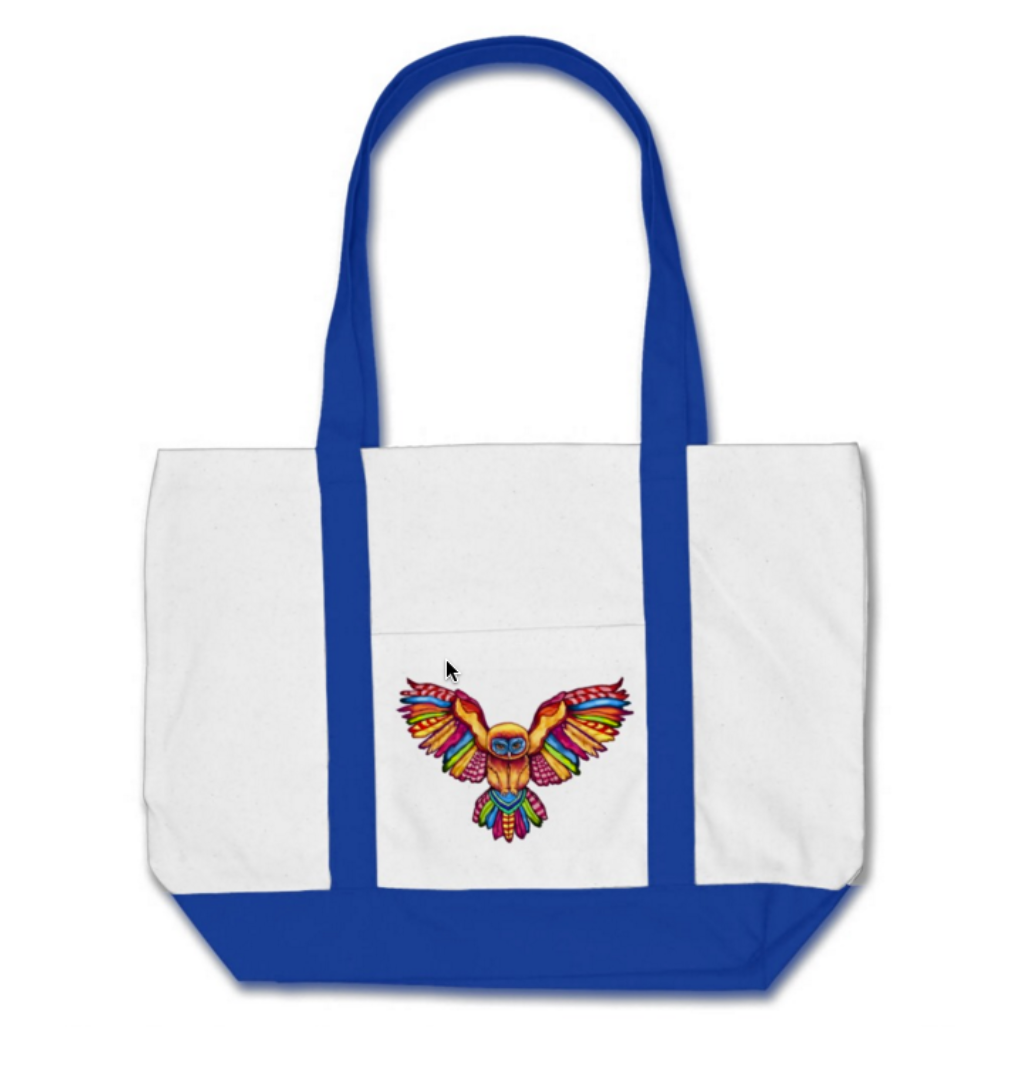 Psychedelic Owl Natural Cotton Tote with Royal Blue Straps and Base