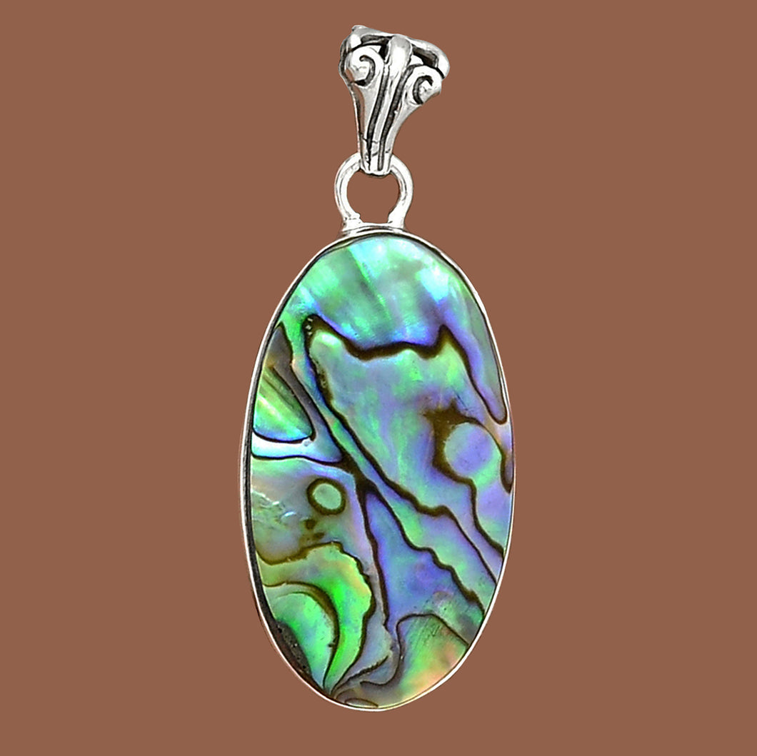 Paua Abalone Shell Highly Polished Oval Sterling Silver Pendant aka Mother-of-Pearl
