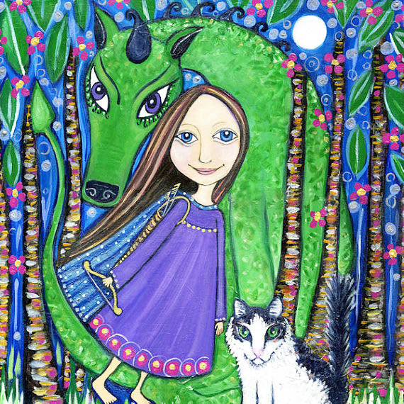 Whimsical Art Print of a Girl, Dragon and Kitty by Lindy Longhurst