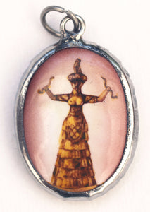 Minoan Snake Goddess Pendant Golden Orange for Wisdom, Fertility, and Protection of the Feminine