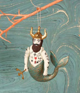 Poseidon Tattoo Merman Ornament with beard and horned helmet
