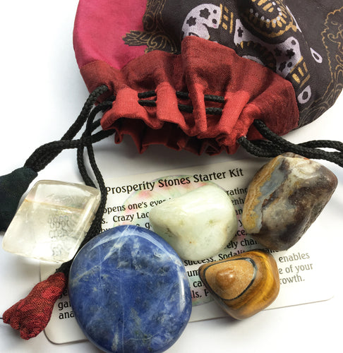 Prosperity and Abundance Stones - Starter crystal kit of five stones in a silk sari drawstring pouch